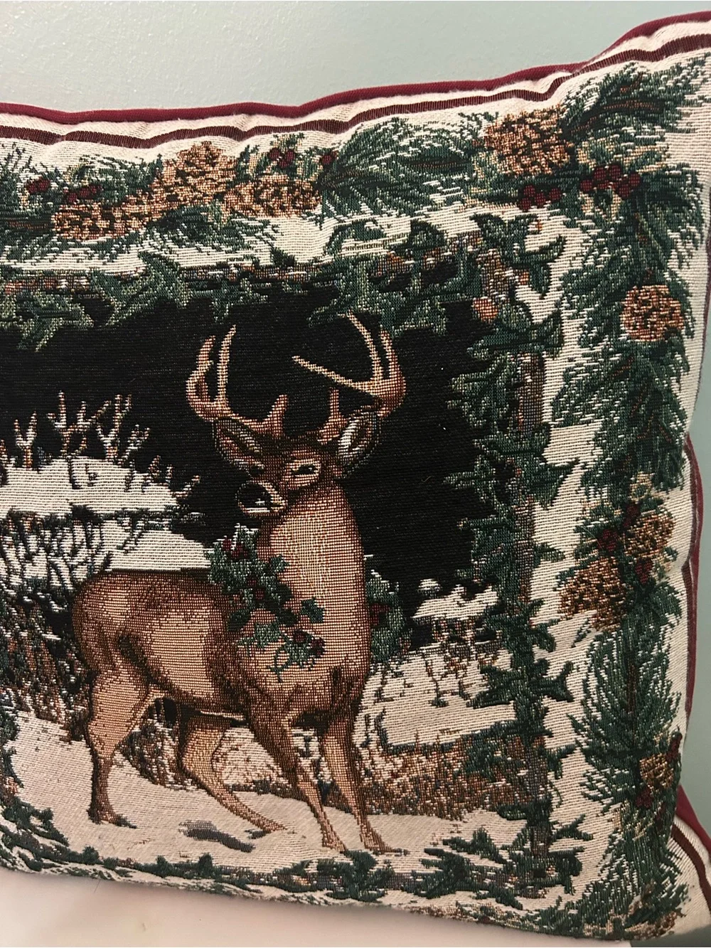 Deer Buck Stag Pine Cone Ivy Tapestry Pillow Christmas Holiday Winter 17x17”